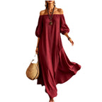 White Off‑Shoulder Balloon Sleeve Flowy Maxi Dress