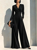 Elegant Chocolate Brown Long Sleeve Wrap Wide Leg Jumpsuit with Waist Detail