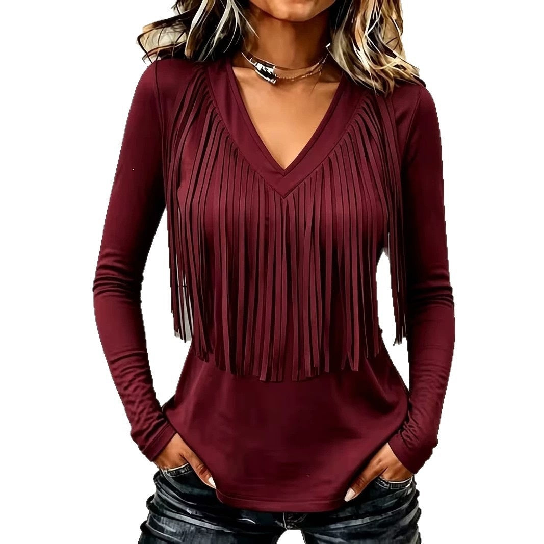Vintage Elegant Cotton Blend Patchwork Fringed T-shirt