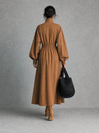 Women's Solid Beige Stand Collar Pocket Elastic Waist Long Sleeve Shirt Midi Dress