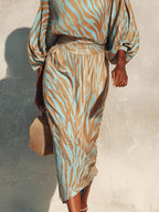 One Shoulder Balloon Sleeve Abstract Print Wrap Midi Dress