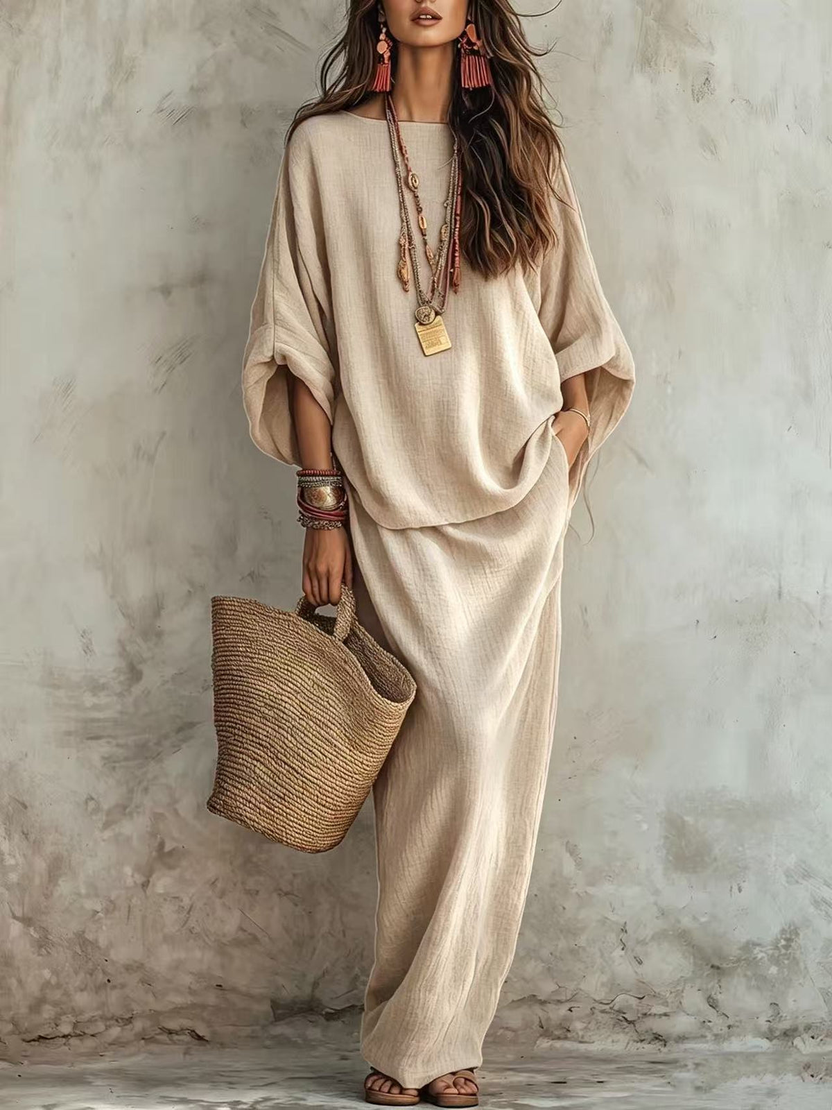 Textured Linen Batwing Top & Wide Leg Maxi Skirt Two-Piece Set