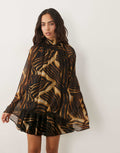 Tiger Print High?Neck Cape?Sleeve Tiered Chiffon Mini Dress