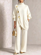 Turtleneck Gold?Button Asymmetric Knit Tunic & Wide-Leg Pants Two-Piece Set
