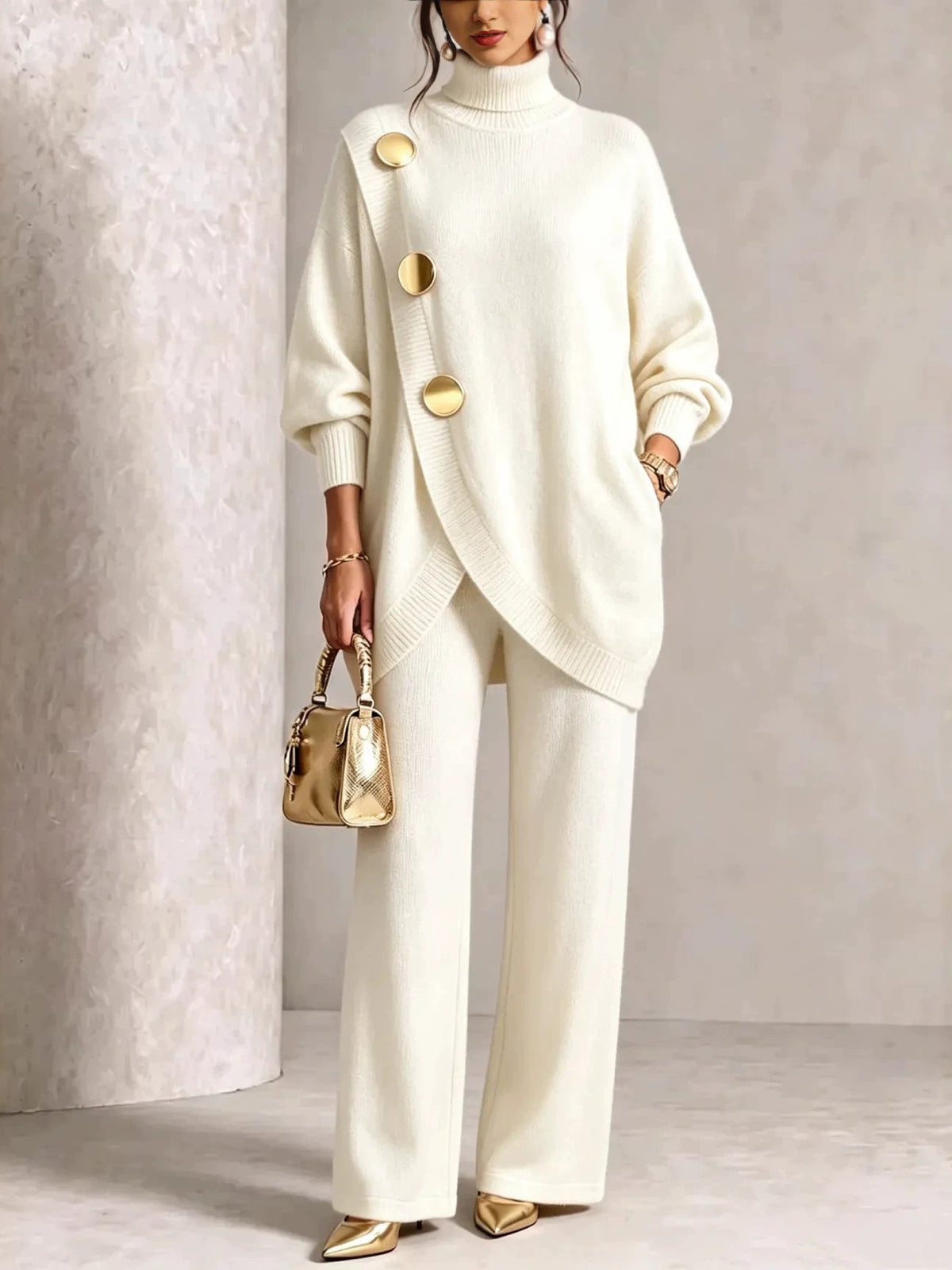 Turtleneck Gold?Button Asymmetric Knit Tunic & Wide-Leg Pants Two-Piece Set
