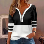Color‑Block Half‑Zip 3/4 Sleeve Casual Top