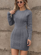 Cable‑Knit Long Sleeve Crew Neck Mini Dress