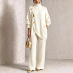 Turtleneck Gold?Button Asymmetric Knit Tunic & Wide-Leg Pants Two-Piece Set