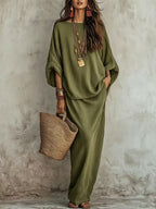 Textured Linen Batwing Top & Wide Leg Maxi Skirt Two-Piece Set
