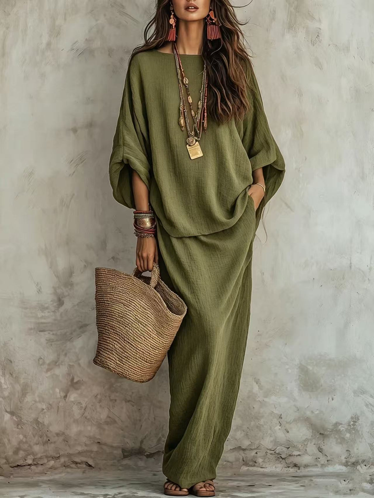 Textured Linen Batwing Top & Wide Leg Maxi Skirt Two-Piece Set