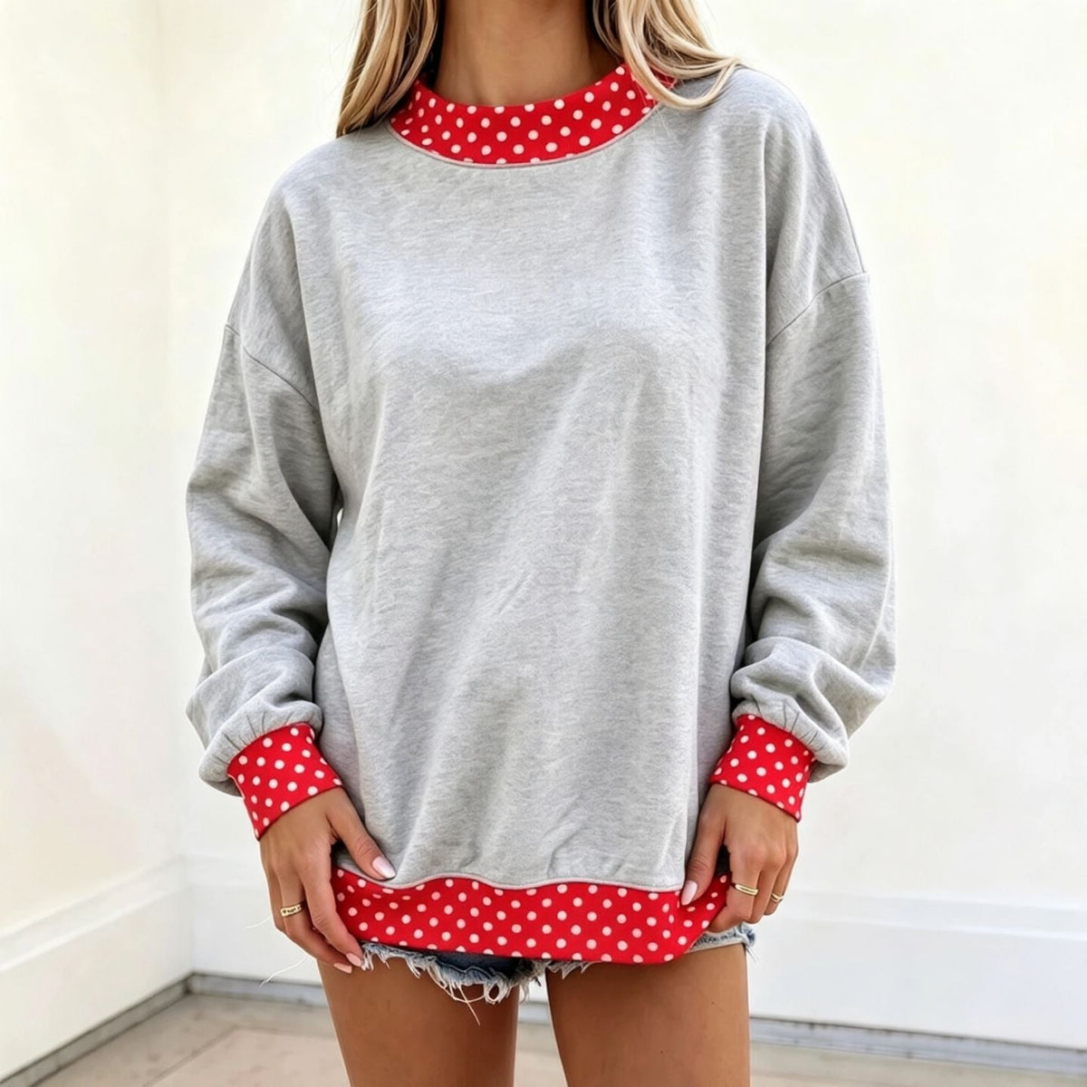 Oversized Sweatshirt with Polka Dot Trim