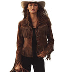 Solid Color Lapel Short Tassel Suede Jacket