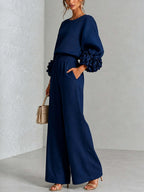 Pink Top Featuring Striking Floral Cuffs Paired With Wide-leg Pants Suit - Matching Sets