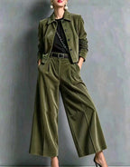 Corduroy Lapel Crop Jacket & High Waist Wide Leg Pants 2 Piece Outfit