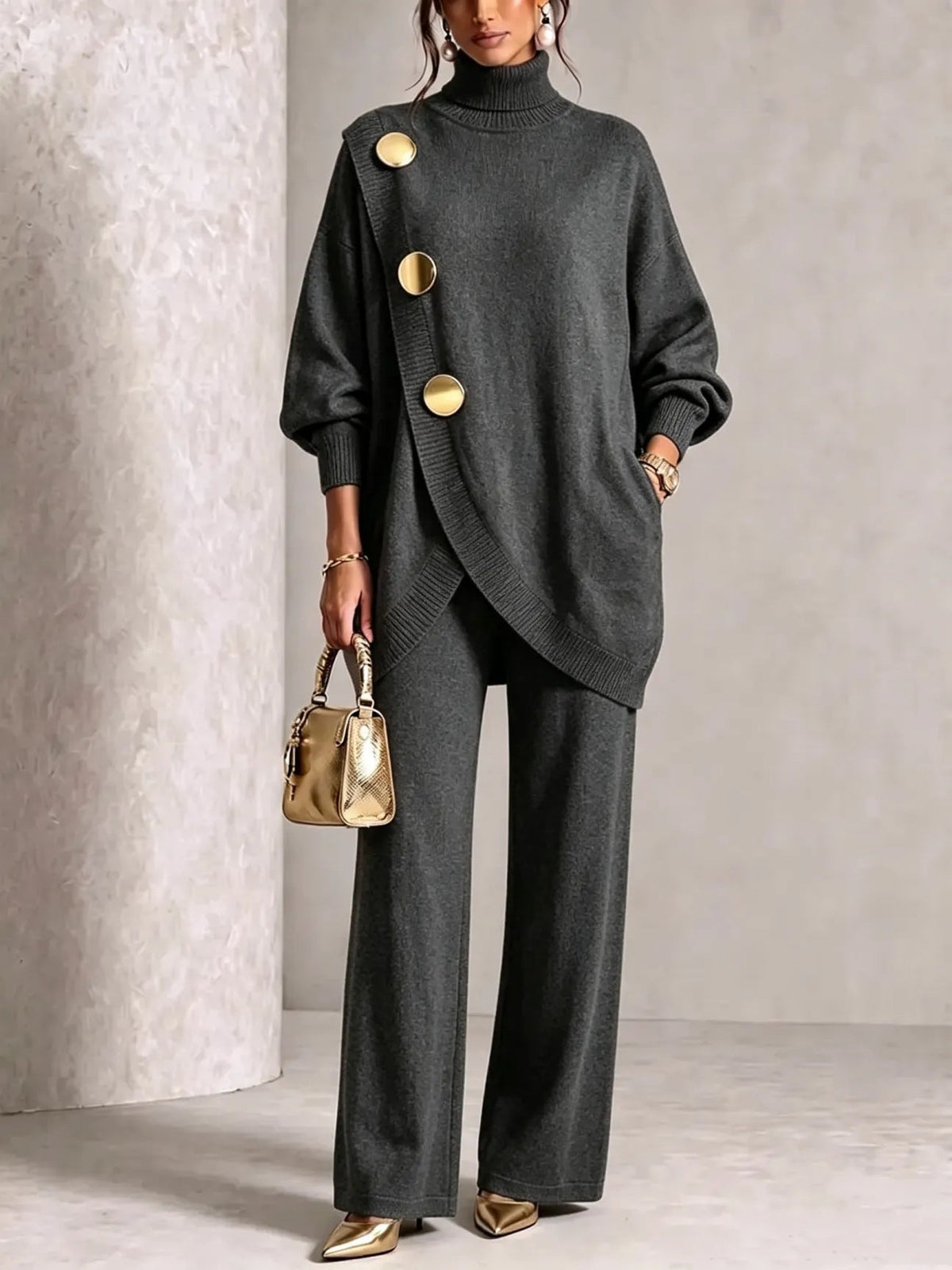 Turtleneck Gold?Button Asymmetric Knit Tunic & Wide-Leg Pants Two-Piece Set