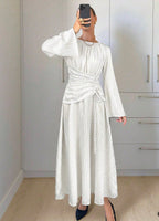 Pinstripe Ruched Waist Bell Sleeve Midi Dress