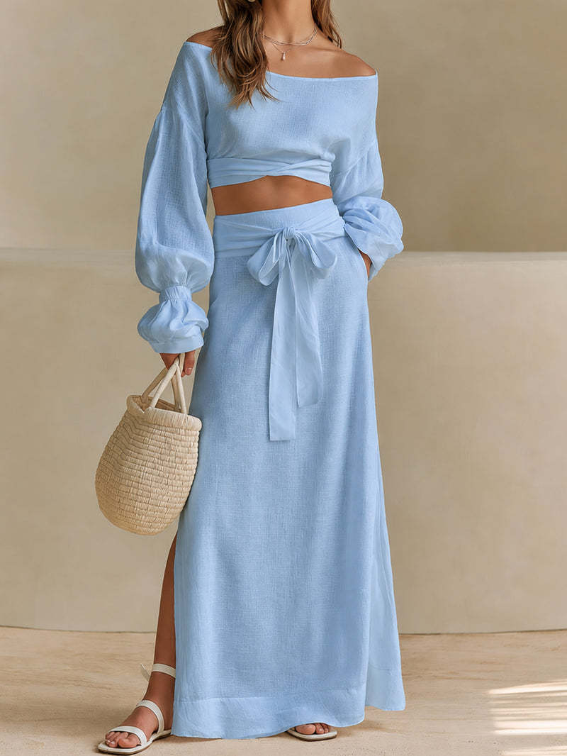 Linen?Blend Off?Shoulder Crop Top & Tie?Waist Slit Maxi Skirt Two?Piece Set