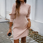 Turtleneck Pearl?Embellished Puff?Sleeve Knit Mini Dress
