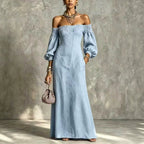 Off?The?Shoulder Puff?Sleeve Linen?Blend Maxi Dress