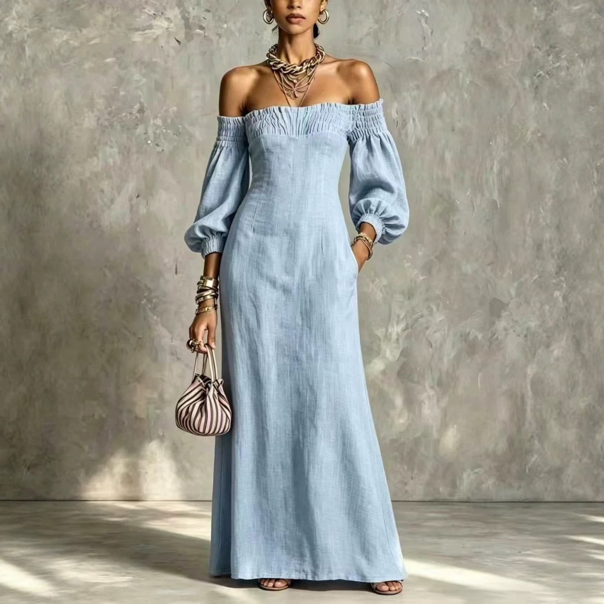 Off?The?Shoulder Puff?Sleeve Linen?Blend Maxi Dress