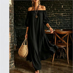 White Off‑Shoulder Balloon Sleeve Flowy Maxi Dress