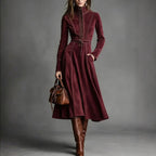 Women's Solid Brown Suede Zip?Front Belted Long?Sleeve Midi Dress