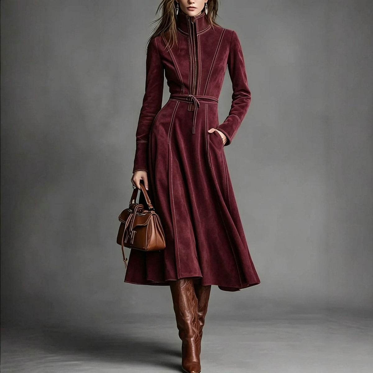 Women's Solid Brown Suede Zip?Front Belted Long?Sleeve Midi Dress