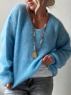 Oversized V‑Neck Drop Shoulder Fuzzy Knit Long Sleeve Loose Fit Pullover Sweater