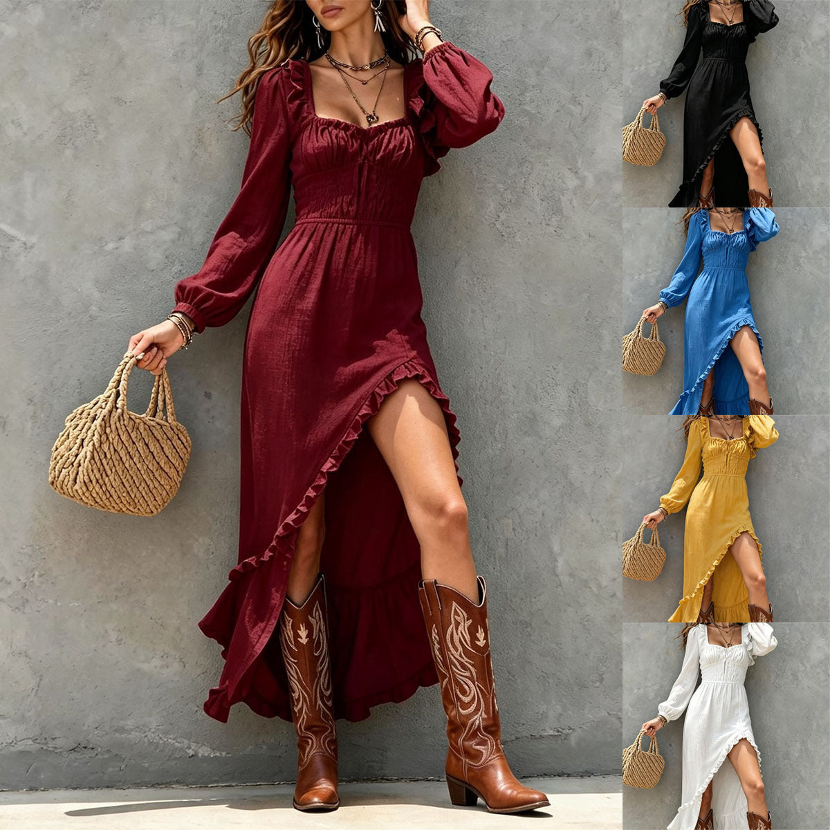 Square?Neck Smocked Ruffle High?Slit Maxi Dress