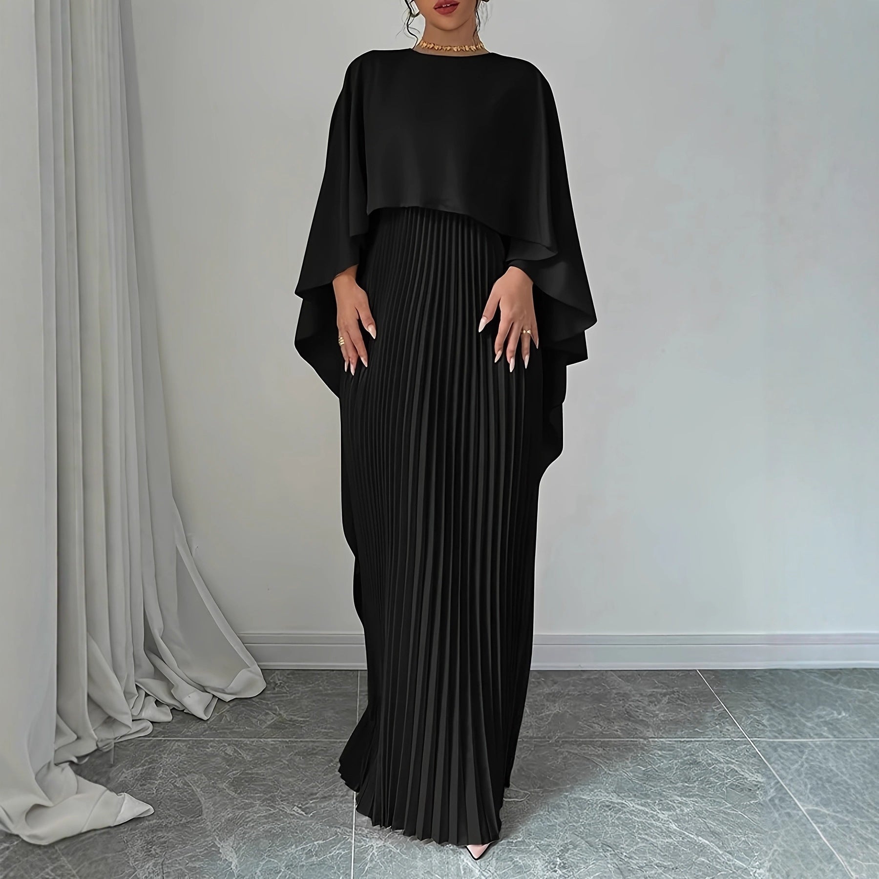Cape Overlay Pleated Maxi Dress