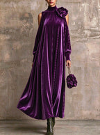 Women's High Neck Cold Shoulder Velvet Maxi Dress With 3D Flower Decoration