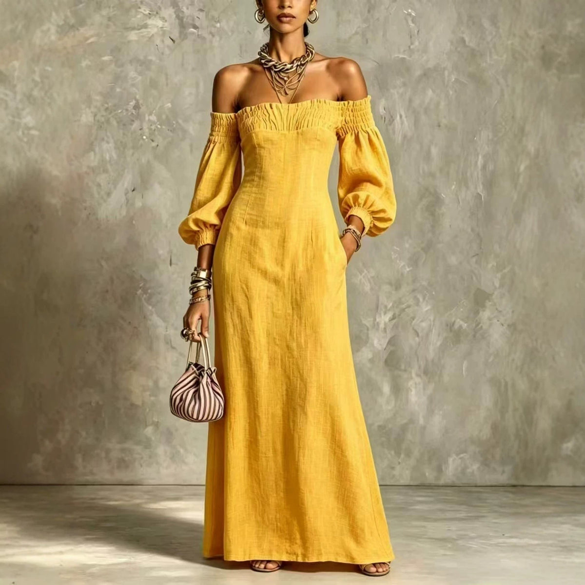 Off?The?Shoulder Puff?Sleeve Linen?Blend Maxi Dress