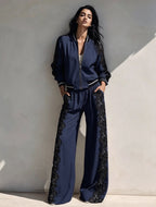 Bomber Jacket & Wide?Leg Pants Two?Piece Set with Black Lace Trim
