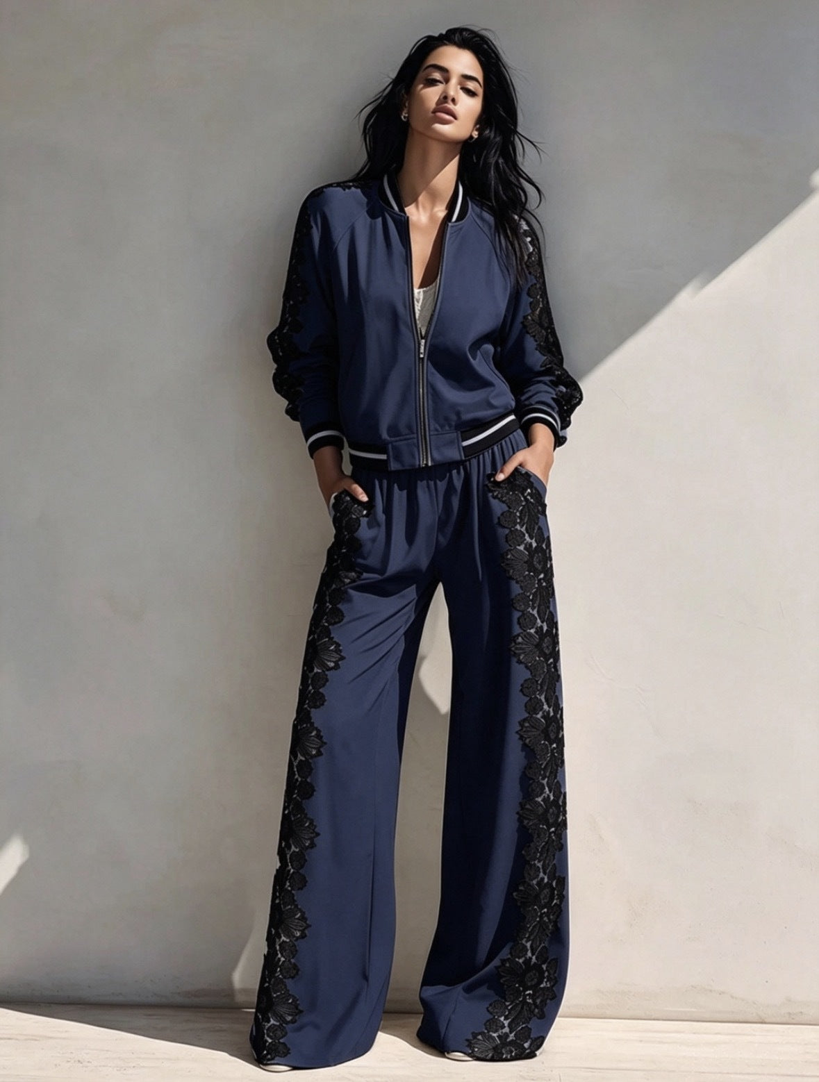 Bomber Jacket & Wide?Leg Pants Two?Piece Set with Black Lace Trim