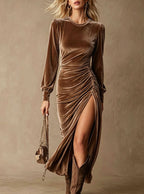 Velvet Ruched Side?Slit Long?Sleeve Midi Dress