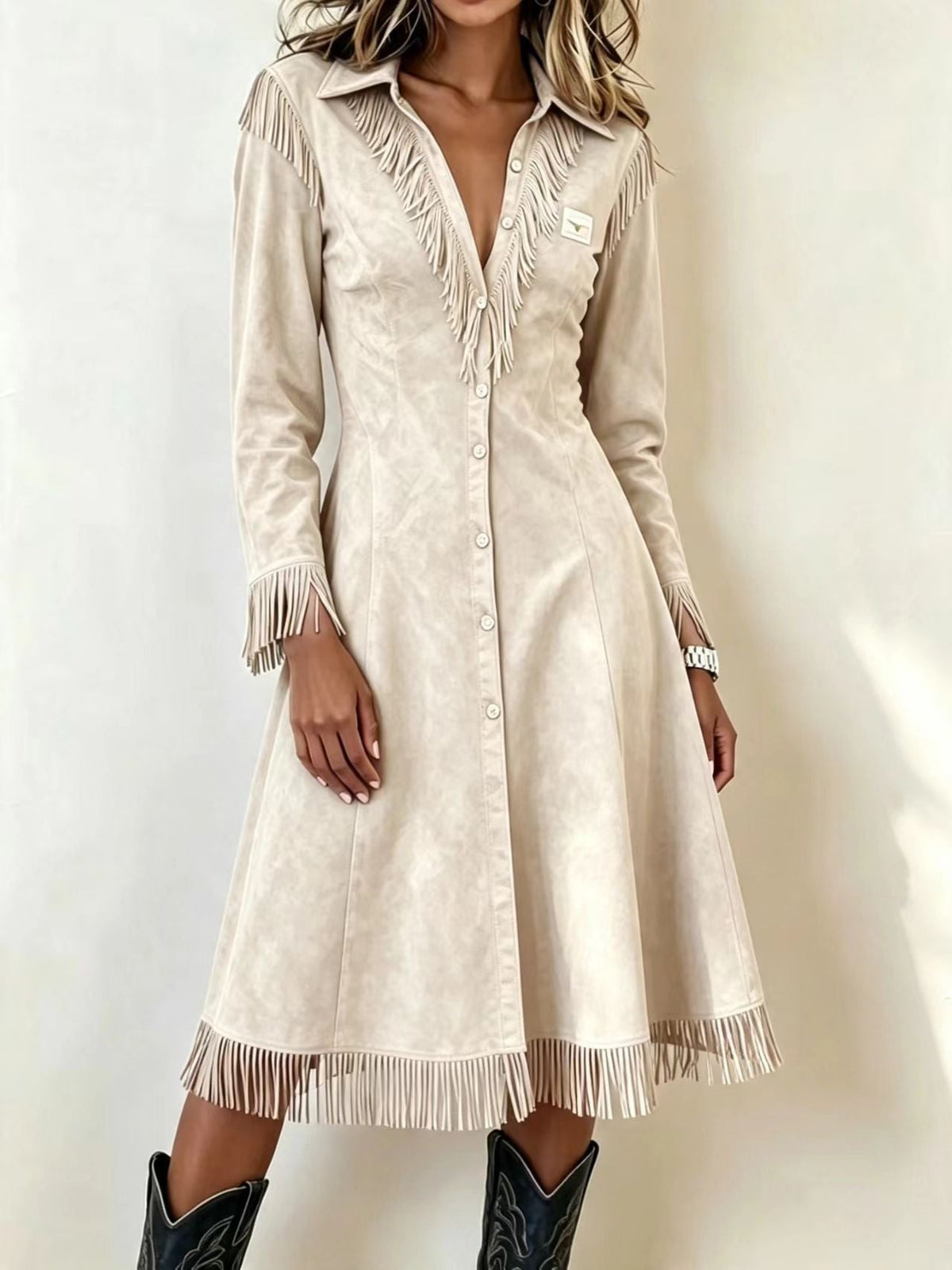 Western Suede?Effect Fringe Button?Front Midi Dress - apricot / S