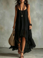 Boho Irregular Ruffle Hem Sleeveless Chiffon Maxi Dress