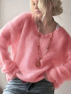 Oversized V‑Neck Drop Shoulder Fuzzy Knit Long Sleeve Loose Fit Pullover Sweater