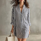 V-Neck Vertical Stripe Roll Sleeve Mini Shirt Dress