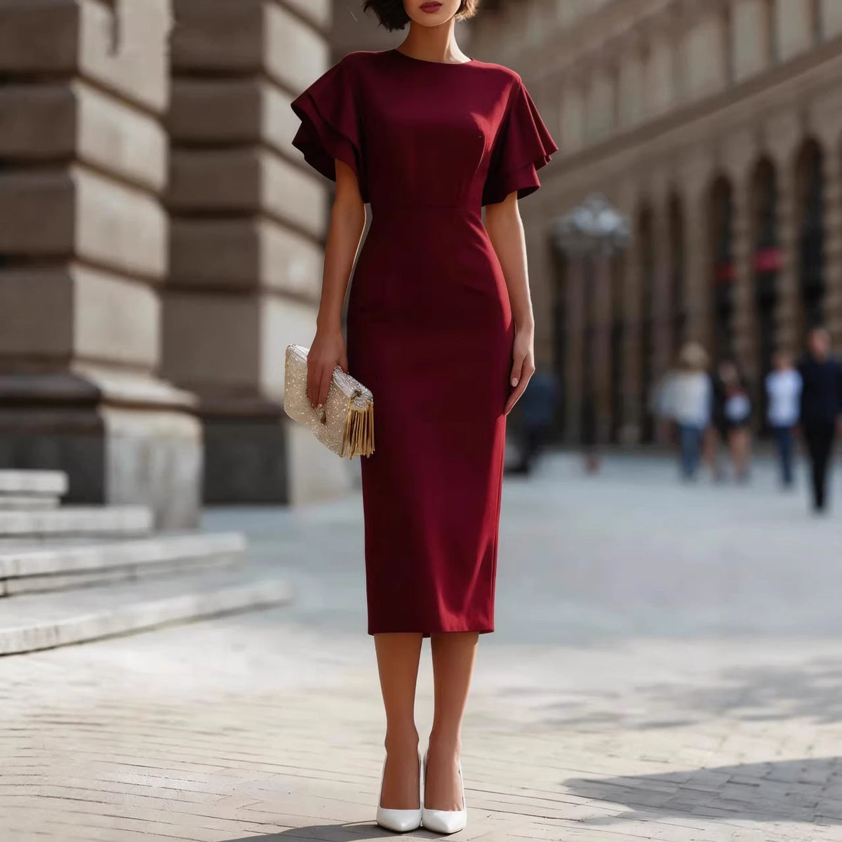 Round Neck Double?Layer Ruffle Flutter Sleeve Bodycon Midi Dress