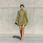 Ruffled High?Neck Bell?Sleeve Elastic Waist Mini Dress