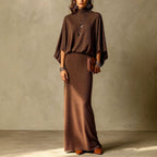 Women's Grey Ribbed Turtleneck Batwing Top & High Waist Maxi Skirt Two Piece Set