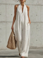 Linen Halter Deep V Wide Leg Cuffed Jumpsuit