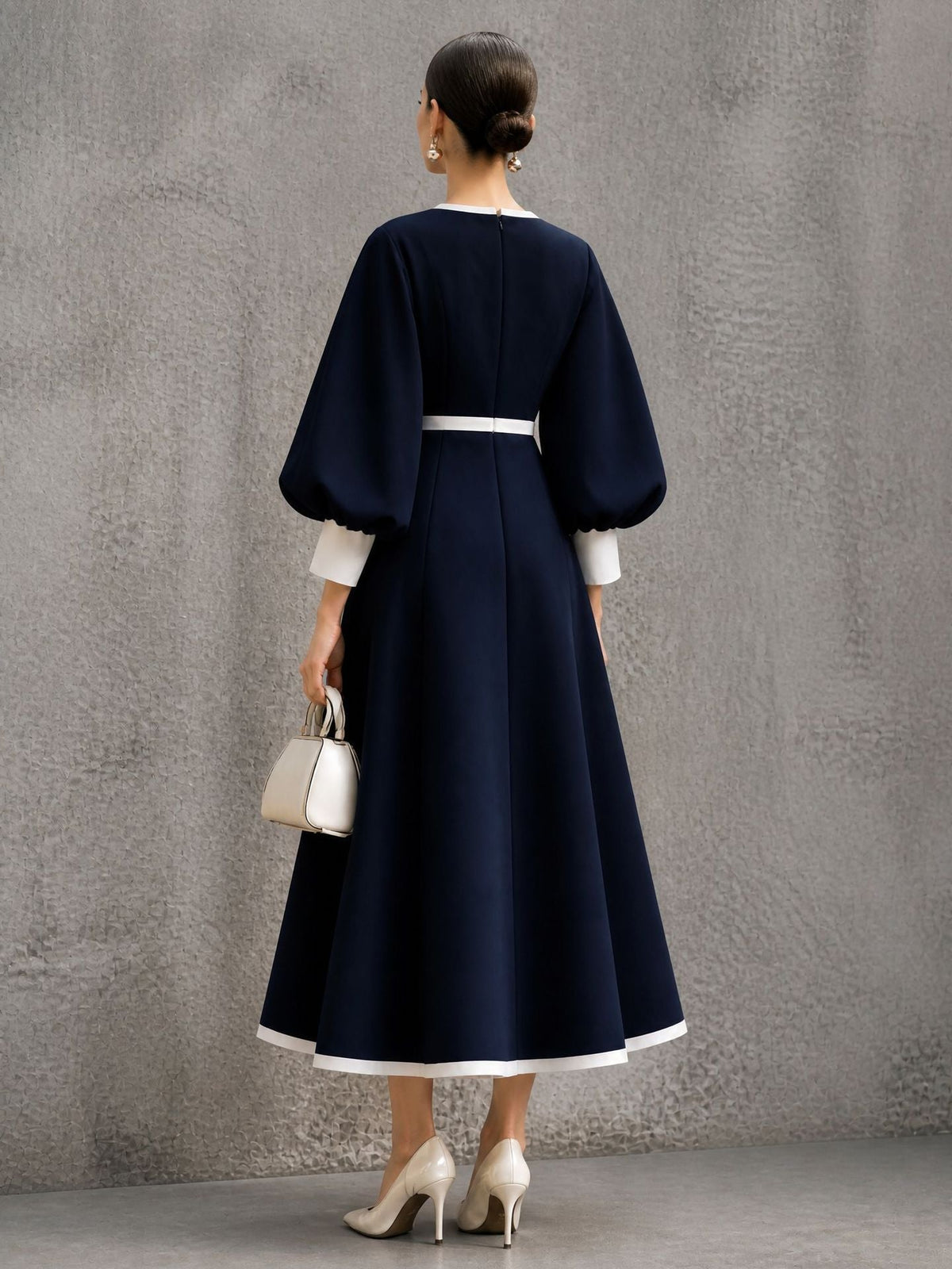 Women¡¯s Solid Navy Contrast?Trim Balloon?Sleeve Belted Maxi Dress