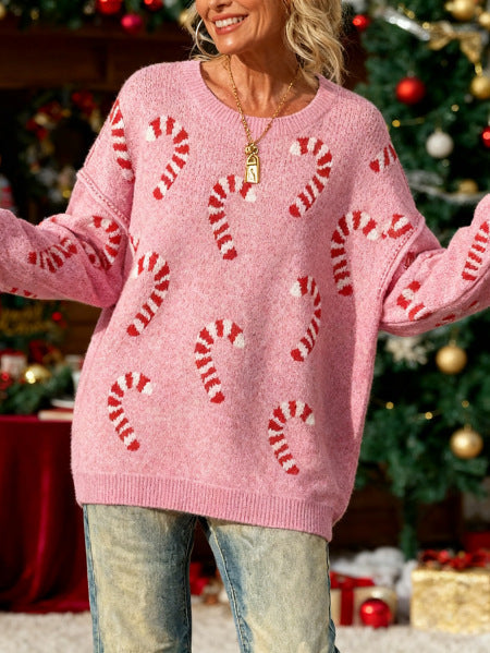 Women's Plus Size Crew Neck Candy Cane Print Long Sleeve Christmas Knit Sweater