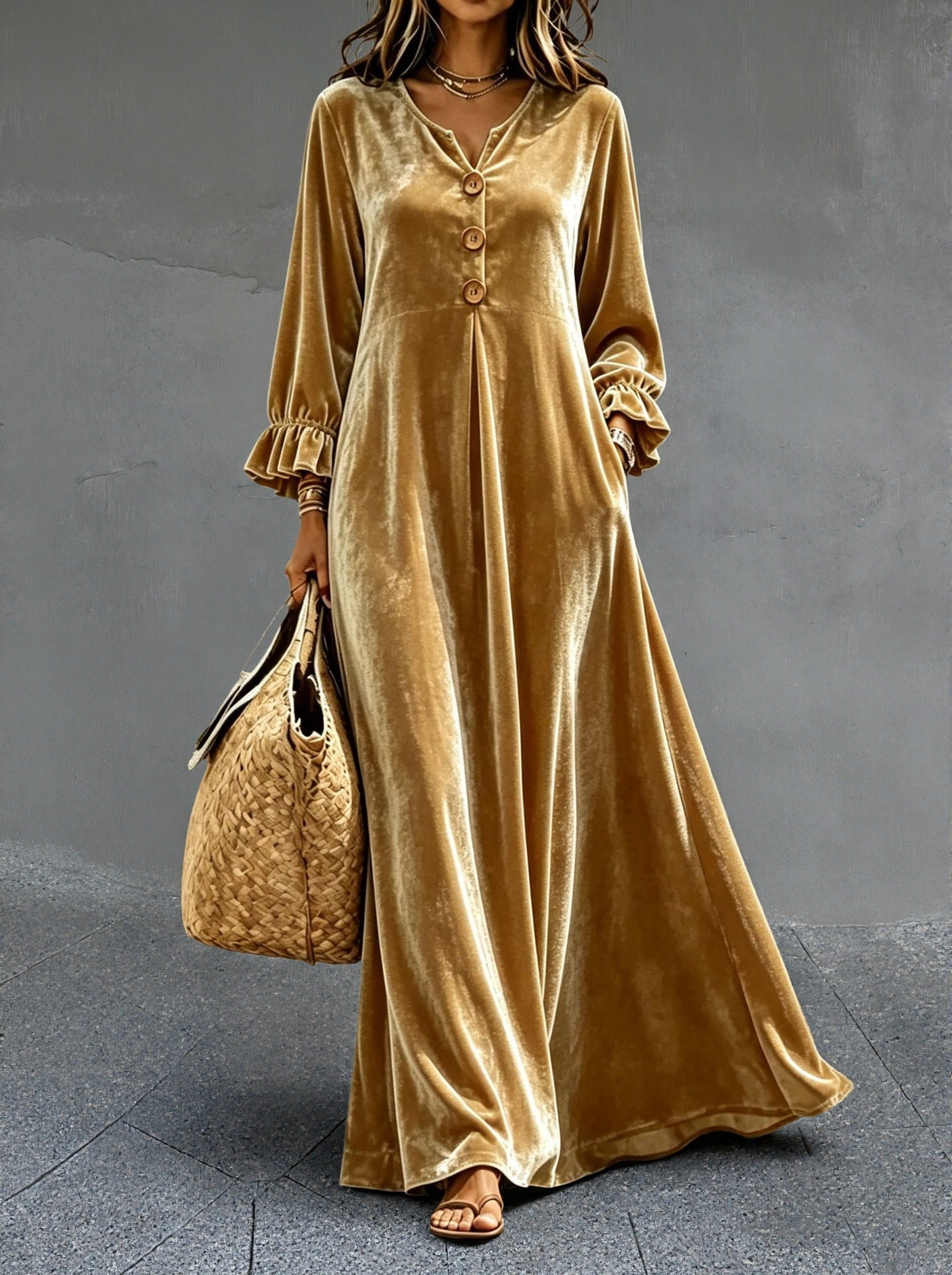 Women's V‑Neck Velvet Ruffle Cuff Maxi Dress