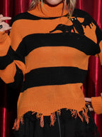 Women¡¯s Black Orange Stripe Turtleneck Bat Applique Fringed Hem Halloween Sweater