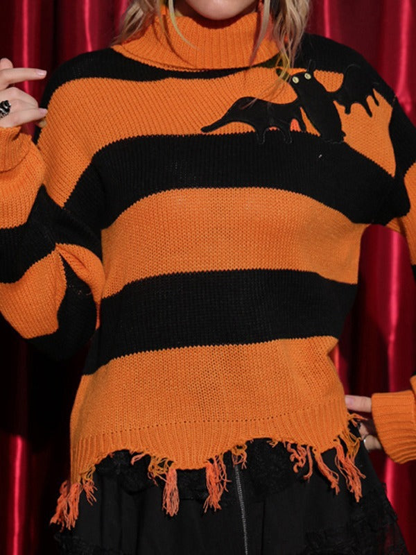 Women¡¯s Black Orange Stripe Turtleneck Bat Applique Fringed Hem Halloween Sweater