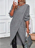 Round Neck Long Sleeve Wrap Asymmetrical Hem Knit Midi Cardigan