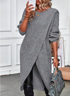 Round Neck Long Sleeve Wrap Asymmetrical Hem Knit Midi Cardigan